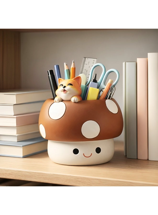 Beram Brown Mushroom Smiling Cat Planter Polyresin Decorative Flower Pot Cute Animal Succulent Holder with Drainage Hole Indoor Outdoor Home Office Desk Decor Pen Pencil HolderKit Gift(Brown-) - Image 4